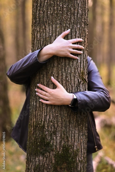Obraz Arms hug the tree. Funny creative photo in the forest.