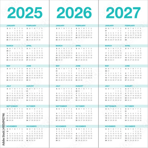 Fototapeta 2025 2026 2027 year calendar vector design template