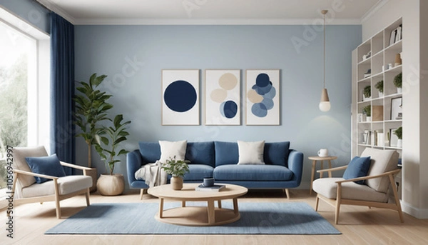 Fototapeta Japandi Minimalist Interior with Blue Art and Modern Blue Sofa in a Stylish Living Room.  