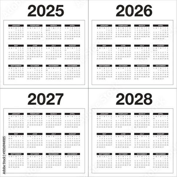 Fototapeta 2025 2026 2027 2028 year calendar vector design template