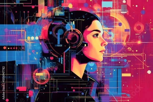 Obraz A Woman's Profile Embedded in a Neon-Colored Abstract Digital World