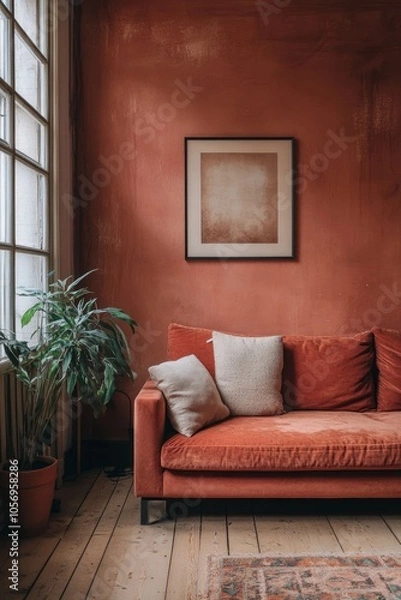 Obraz Rustic Living Room with Red Velvet Couch