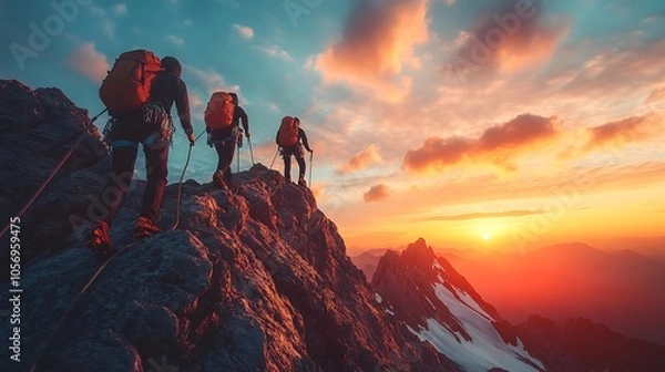 Fototapeta A group of mountain climbers climbing up, Beautiful mountain on peoples