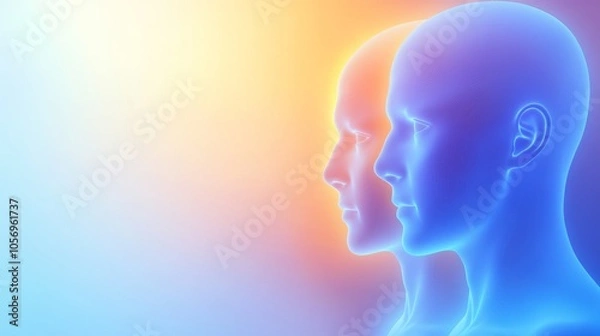 Fototapeta Two abstract human figures in profile, illuminated by a vibrant gradient background, symbolizing connection and innovation.