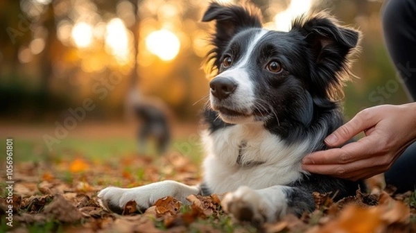 Fototapeta A close-up of a dog resting in a park with autumn leaves.