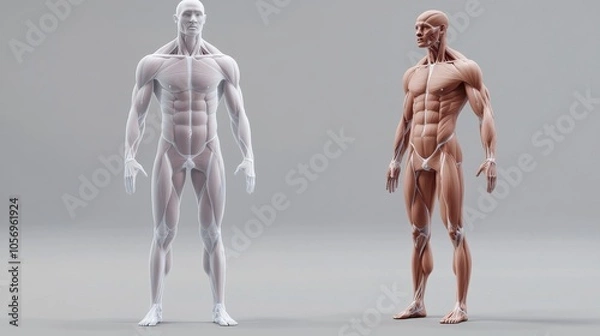 Fototapeta Two anatomical models side by side, showcasing human anatomy in a modern art style. Ideal for educational or artistic purposes.