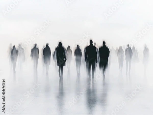 Fototapeta Blurry silhouettes of people emerge in a foggy environment, creating an ethereal and mysterious atmosphere.