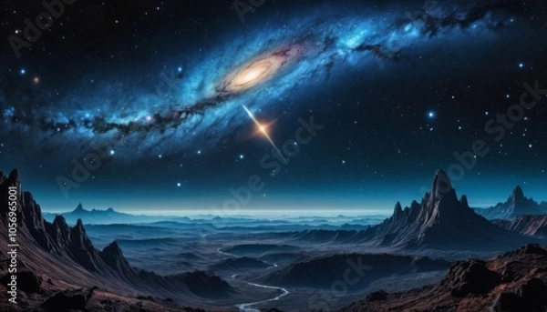 Fototapeta Stunning landscape view of alien terrain under the Milky Way and distant galaxy
