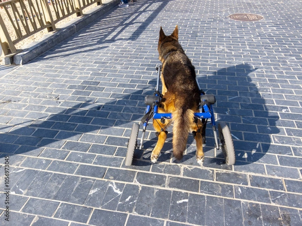 Obraz Close-up of a German Shepherd on his back with a dog wheelchair walking on asphalt on a sunny day.
