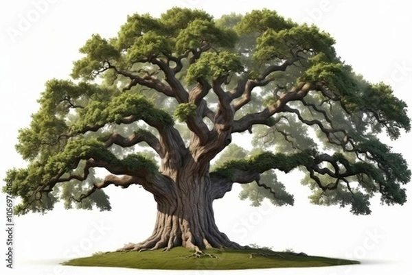 Fototapeta An old oak tree with exposed roots stands in a lush park surrounded by green grass and vibrant foliage isolated white background