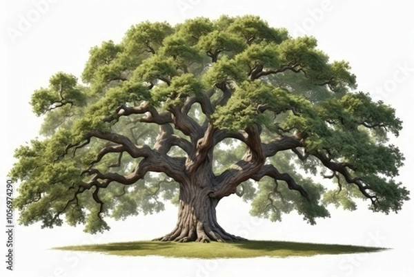 Fototapeta An old oak tree with exposed roots stands in a lush park surrounded by green grass and vibrant foliage isolated white background