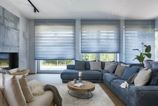 Fototapeta A living room with a blue couch and a white chair