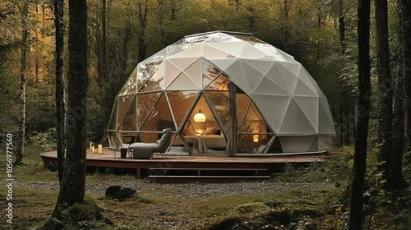 Fototapeta Transparent geodesic dome in a forest, a unique stay experience surrounded by nature