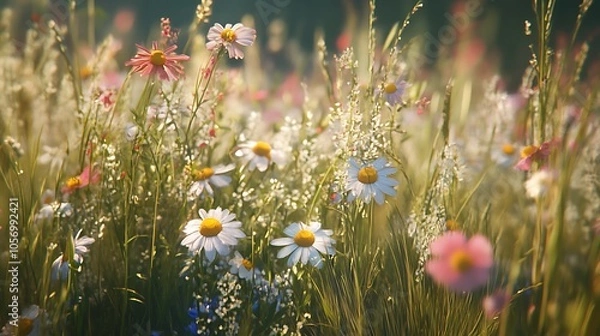 Fototapeta Summer meadow with daisies and chamomile flowers