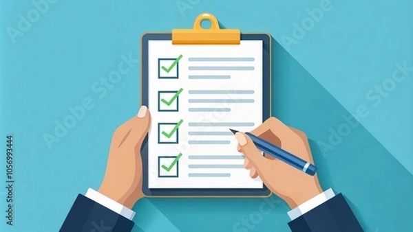 Fototapeta Aerial View of a Hand Holding a Clipboard with a Checklist in a Modern Flat Design Style for