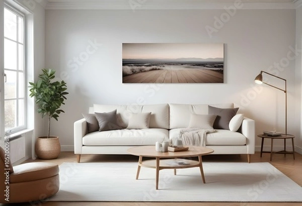 Fototapeta Modern Interior Poster Frame Mockup in Contemporary Living Room - 3D Render, Minimalist Poster Frame Mockup in a Modern Living Room - 3D Render Design