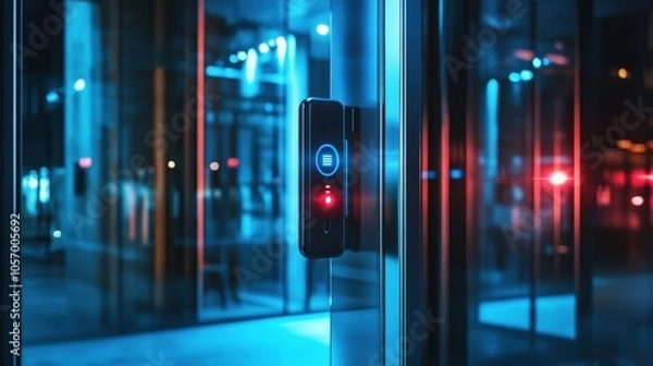 Fototapeta A sleek, modern access control system glows with blue and red lights, reflecting a sophisticated, high-tech entrance.
