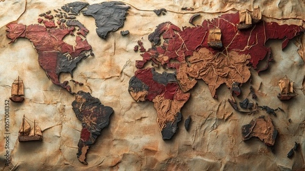 Obraz A textured world map featuring vintage ships, crafted with earthy colors and intricate details, evoking a sense of adventure and exploration.