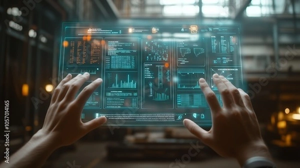 Fototapeta Engineer using futuristic transparent screen displaying data in industrial environment