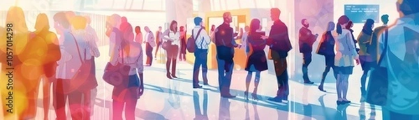Fototapeta Illustrate a dynamic side view scene showcasing an array of illustrated professionals engaging in a lively discussion at a bustling recruitment fair Utilize vibrant watercolor effe