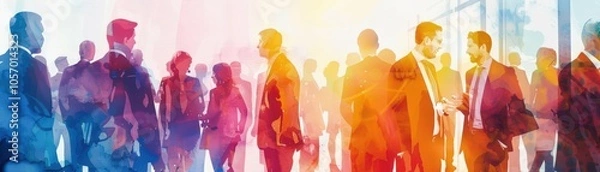 Fototapeta Illustrate a dynamic side view scene showcasing an array of illustrated professionals engaging in a lively discussion at a bustling recruitment fair Utilize vibrant watercolor effe