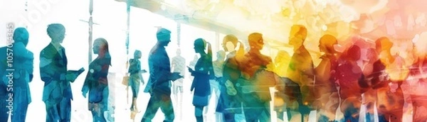 Fototapeta Illustrate a dynamic side view scene showcasing an array of illustrated professionals engaging in a lively discussion at a bustling recruitment fair Utilize vibrant watercolor effe