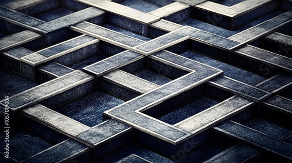 Fototapeta Abstract blue and silver geometric pattern with intersecting squares and rectangles.
