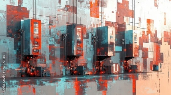Fototapeta A stylized abstract depiction of an industrial wall featuring machinery in orange and teal tones, combining geometric patterns with a modern, gritty aesthetic.

