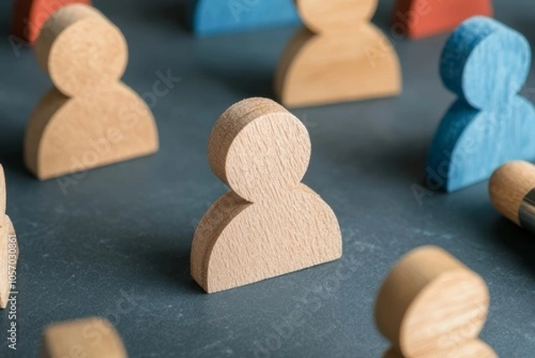 Fototapeta Wooden figures arranged on a table with varying colors, representing a diverse group during a creative activity at a workspace