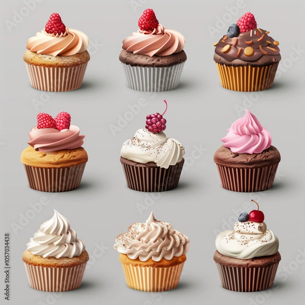Fototapeta Assorted cupcakes with fruit and cream decorations