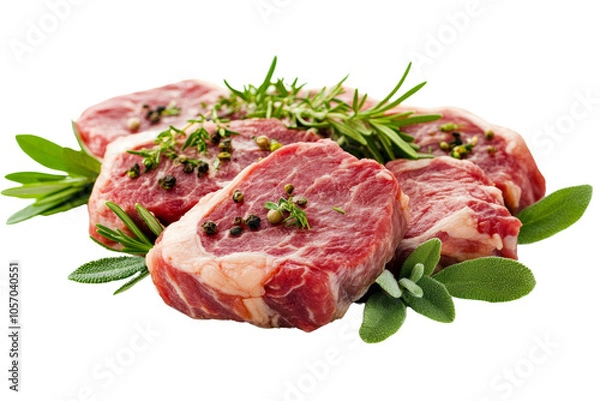 Fototapeta Fresh raw steak cuts garnished with aromatic herbs, vibrant green leaves, isolated on white background.