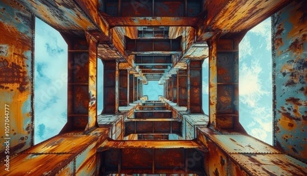 Fototapeta Bring to life the intricate details of rusted metal structures towering overhead in a low-angle perspective Illuminate the scene with unconventional lighting techniques to create a