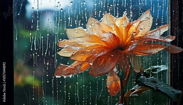 Obraz Rainy Day: Portray a rainy day where droplets slide down the window, enhancing the glass flower’s charm.

