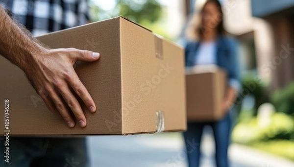 Fototapeta Couple carrying cardboard boxes. Concept of moving, relocation, and new beginnings.