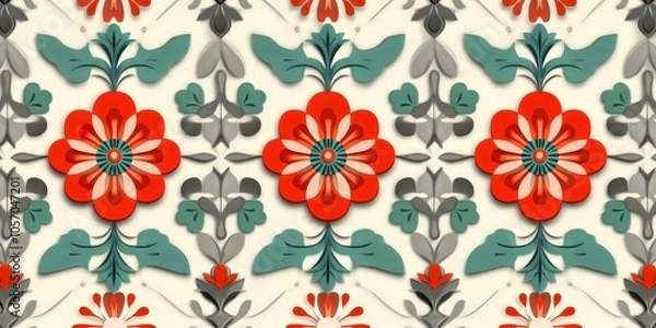 Fototapeta Seamless Floral Pattern   Red  White  Green   Grey Kaleidoscope Design