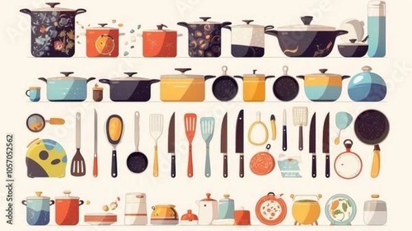 Fototapeta Illustration of essential kitchen equipment for cooking, beautifully arranged, bright colors, cute style, designed for use in design, advertising and presentation.