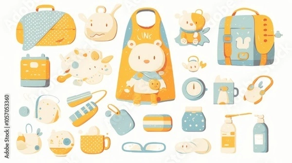 Fototapeta Baby-related illustrations, clip art, beautifully arranged, bright colors, cute style, designed for use in design, advertising and presentation.