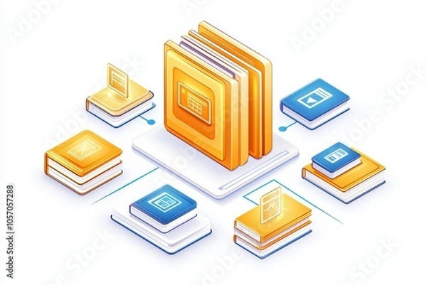 Fototapeta Digital illustration of stacked books with various page designs and icons, on a bright background.