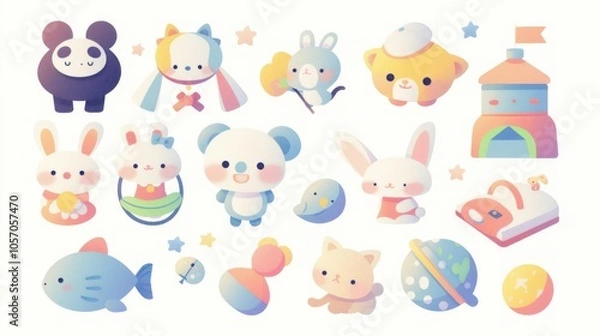 Fototapeta Baby-related illustrations, clip art, beautifully arranged, bright colors, cute style, designed for use in design, advertising and presentation.