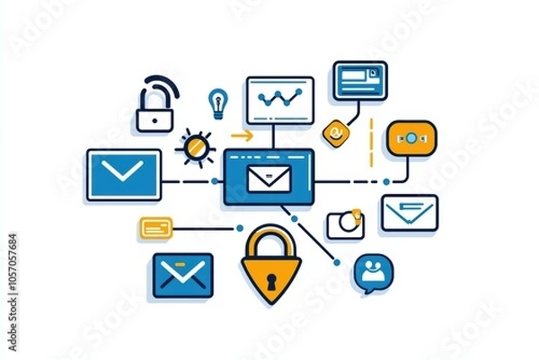 Fototapeta Email communication concept with security icons, digital symbols, isolated on white.