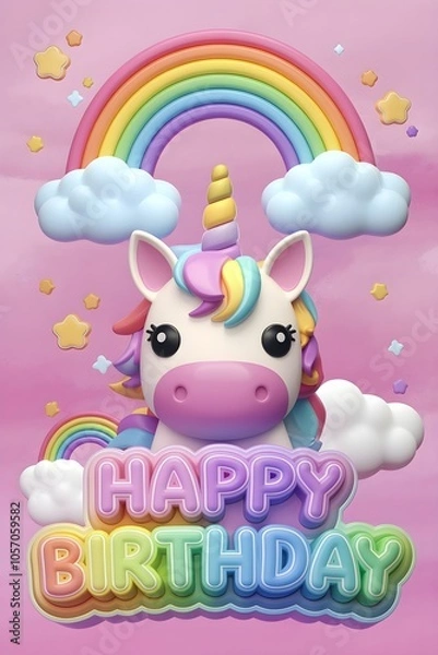 Obraz Colorful Unicorn Birthday Greeting with Rainbow. AI generated
