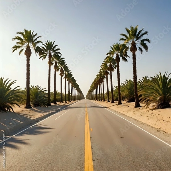 Fototapeta Palm tree lined road with sand beside it
