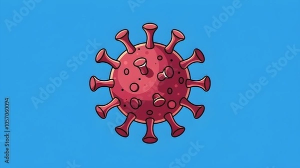 Fototapeta Stylized illustration of coronavirus cell in red color with characteristic spike proteins and surface texture, depicted in cartoon style against solid blue background. AI generated