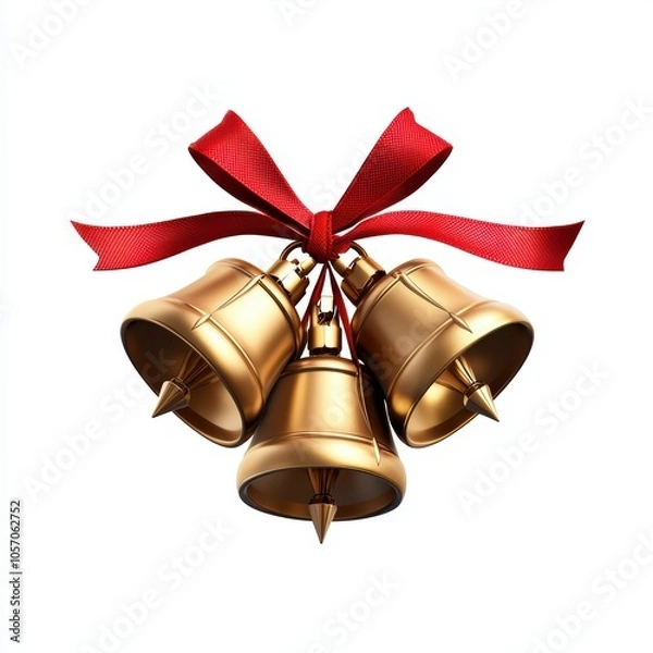 Obraz Three golden bells adorned with a red ribbon, elegant decoration for festive occasions.