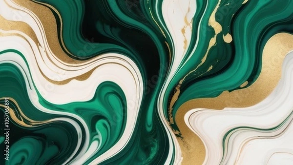 Fototapeta A stunning abstract painting with swirling green, white, and gold patterns, perfect for adding a touch of elegance to any space