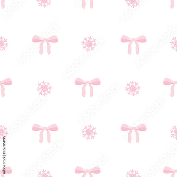 Fototapeta Bows, snowflakes. Vector seamless pattern on a white background in flat style in pastel colors. Cute illustration for web design, textiles, wrapping paper for Christmas