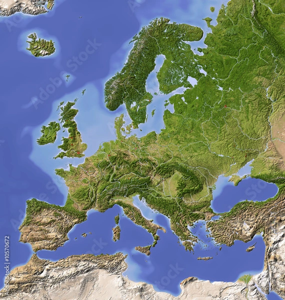 Obraz Cieniowana mapa reliefowa Europy, pokolorowana ze względu na roślinność.