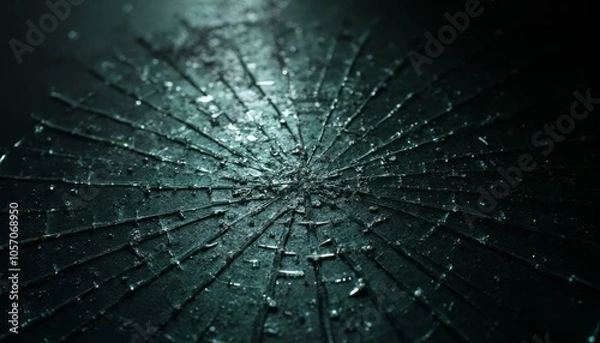 Fototapeta Shattered Glass Surface With Jagged Fragments Creating Starburst Pattern