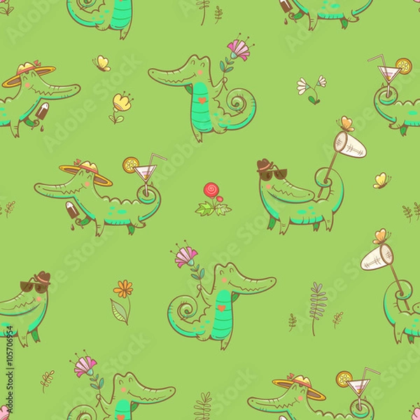 Fototapeta Summer seamless pattern with cute carton crocodiles, ice cream, sunglasses, net  and cocktails. Animals and flowers on  green  background. Vector image.