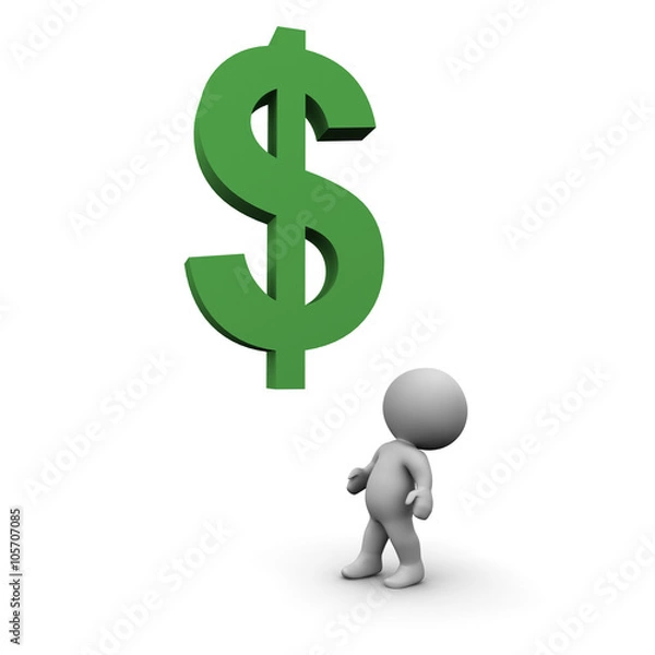 Fototapeta 3D Character Looking Up at Large Dollar Symbol